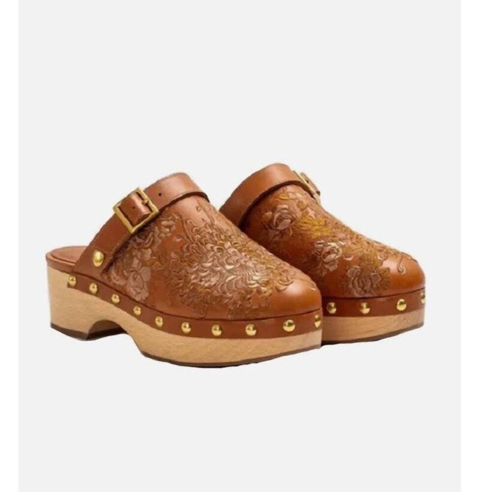 Johnny Was Mono Clog Tonal Embroidered Leather Brown Wedge Womens 9.5  NIB $198